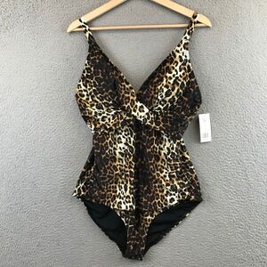 New CYN & LUCA Women's Leopard Print One Piece Swimsuit V Neck Twist Front XL